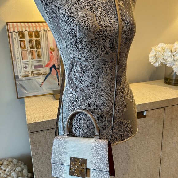 Tory Burch Bon Bon Lizard Embossed Leather Top Handle Bag - Picture 4 of 10